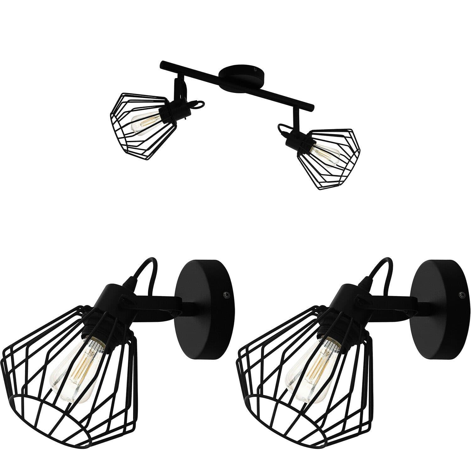Twin Ceiling Spot Light & 2x Matching Wall Lights Black Geometric Cage Head