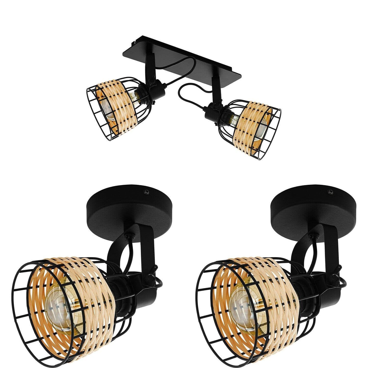 Twin Ceiling Spot Light & 2x Matching Wall Lights Wicker Shade Moving Head