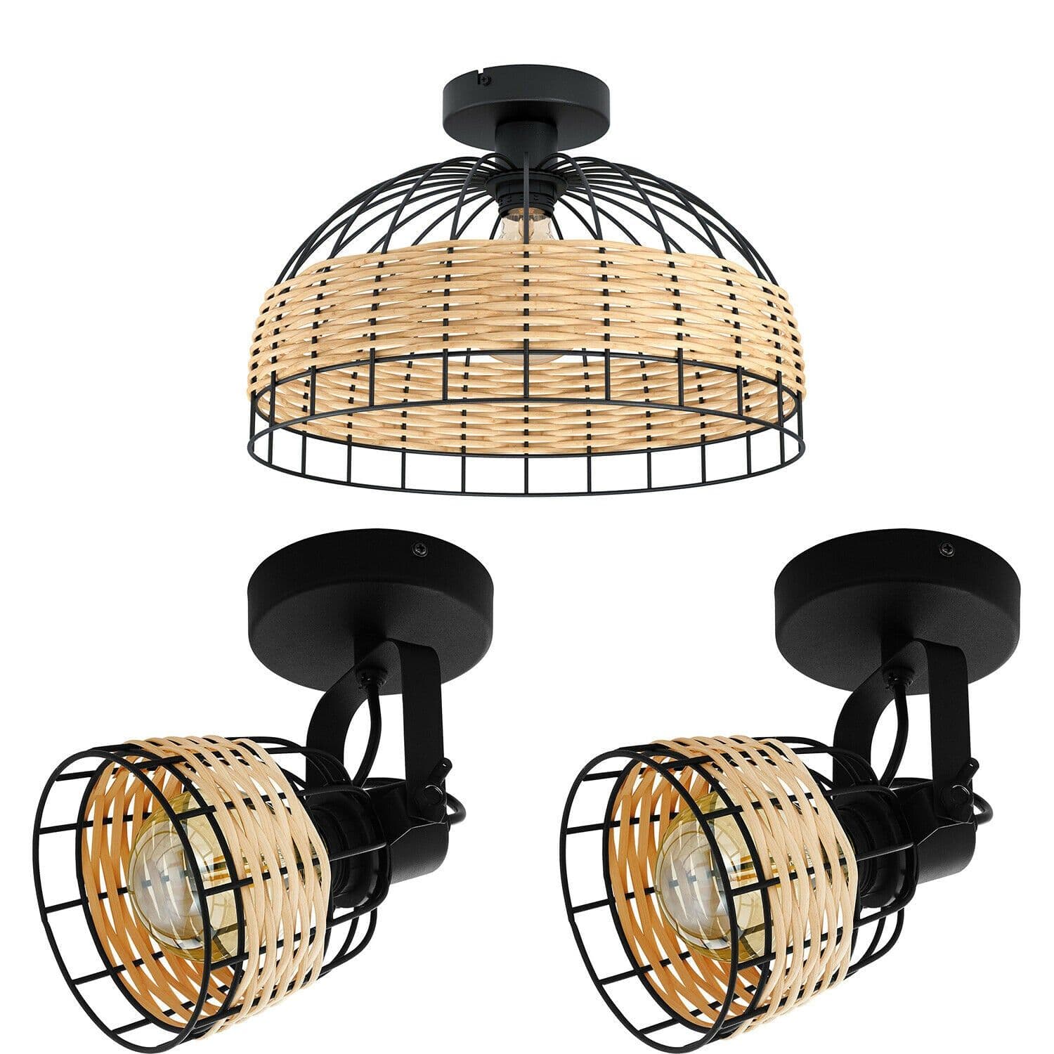 Low Ceiling Light & 2x Matching Wall Lights & Wicker Wood Cage Shade
