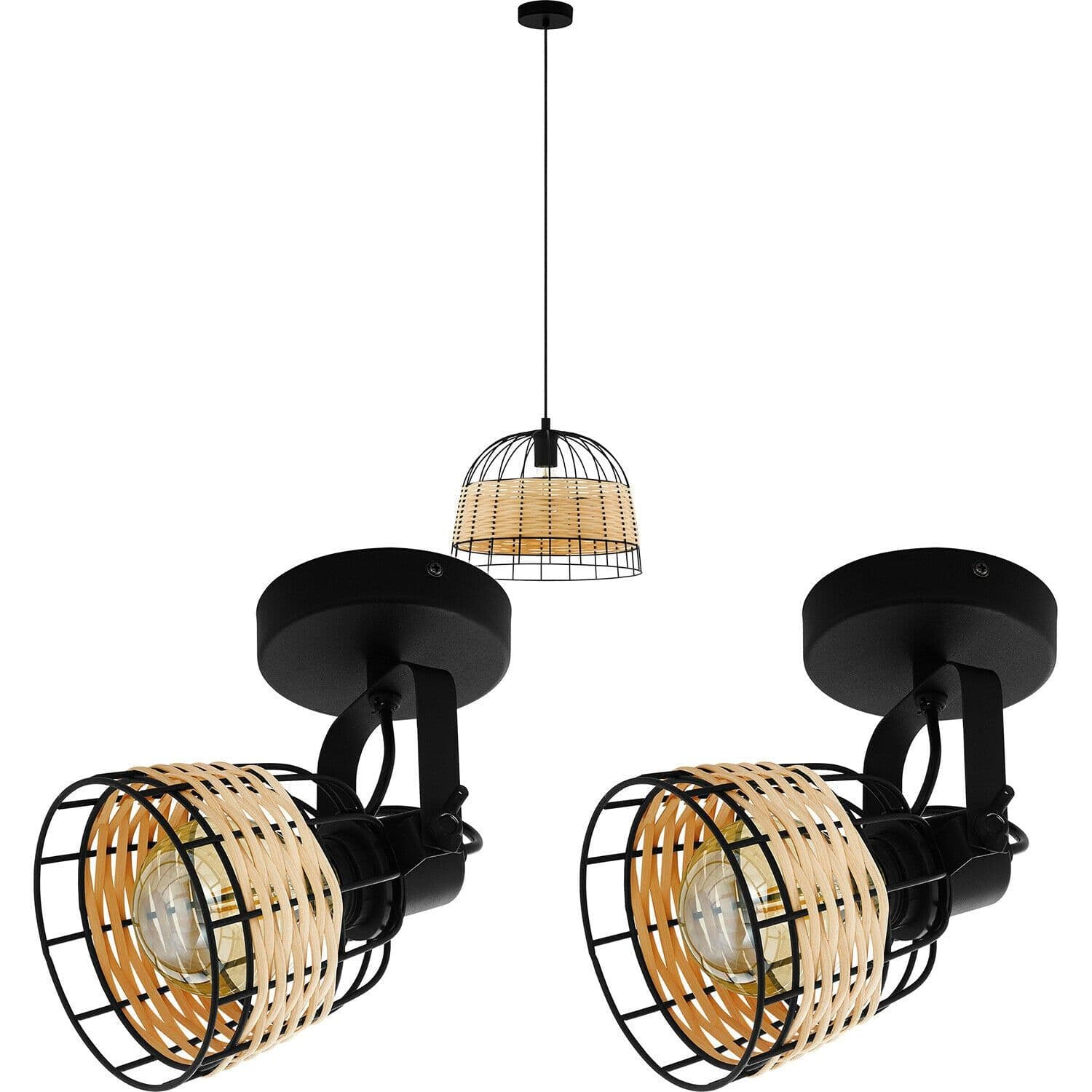 Ceiling Pendant Light & 2x Matching Wall Lights Wire & Wicker Wood Lamp