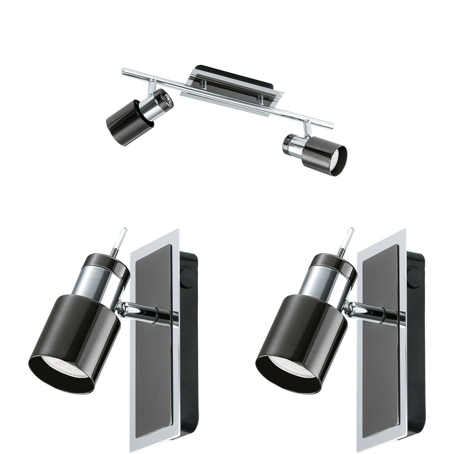 Twin Ceiling Spot Light & 2x Matching Wall Lights Nickel Chrome Shade Head