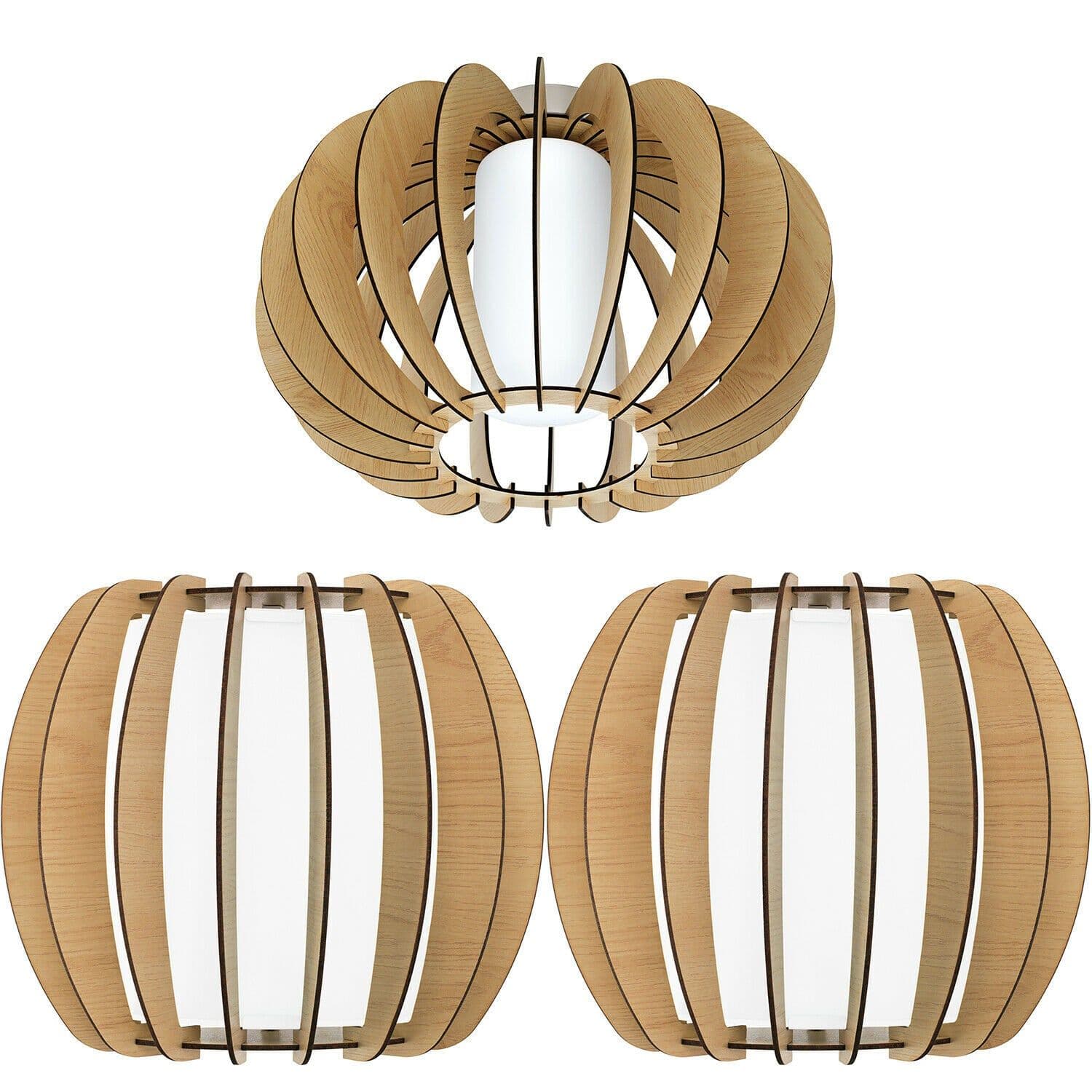 Low Ceiling Light & 2x Matching Wall Lights Wood Cage & Glass Shade Lamp
