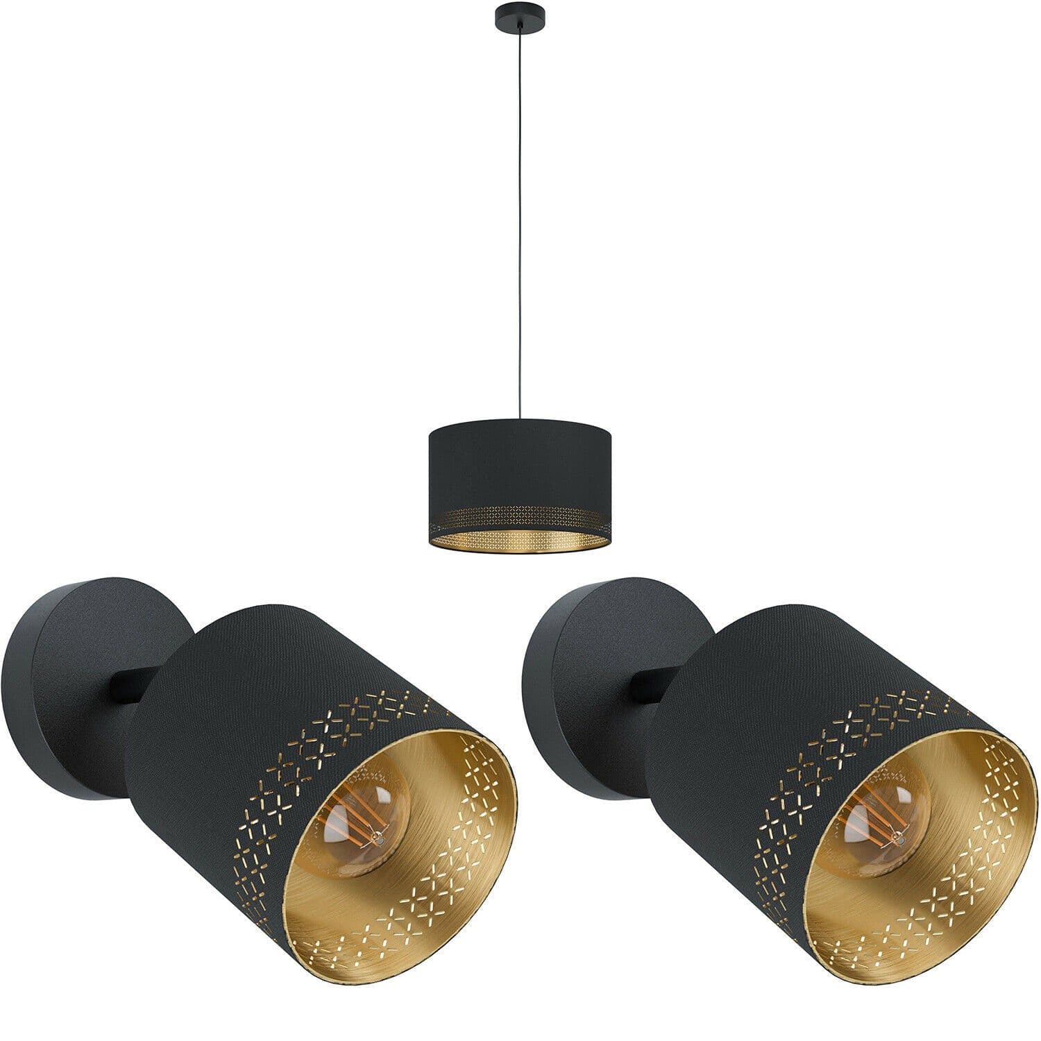 Ceiling Pendant Light & 2x Matching Wall Lights & Gold Patern Modern Shade