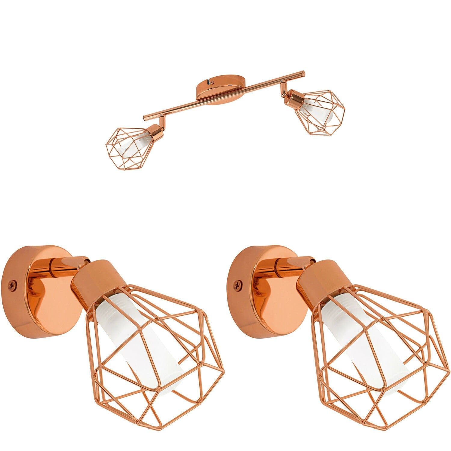 Twin Ceiling Spot Light & 2x Matching Wall Lights Geometric Wire Cage