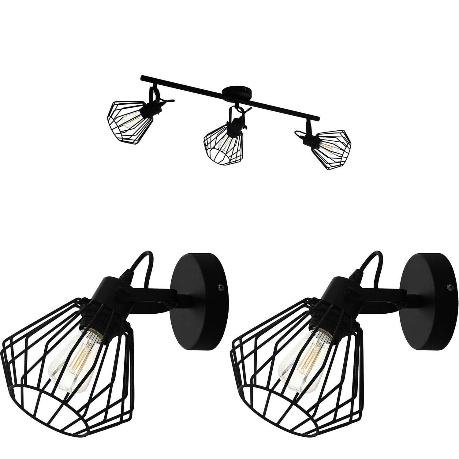 Ceiling Spot Light & 2x Matching Wall Lights Wire Cage Adjustable Lamp