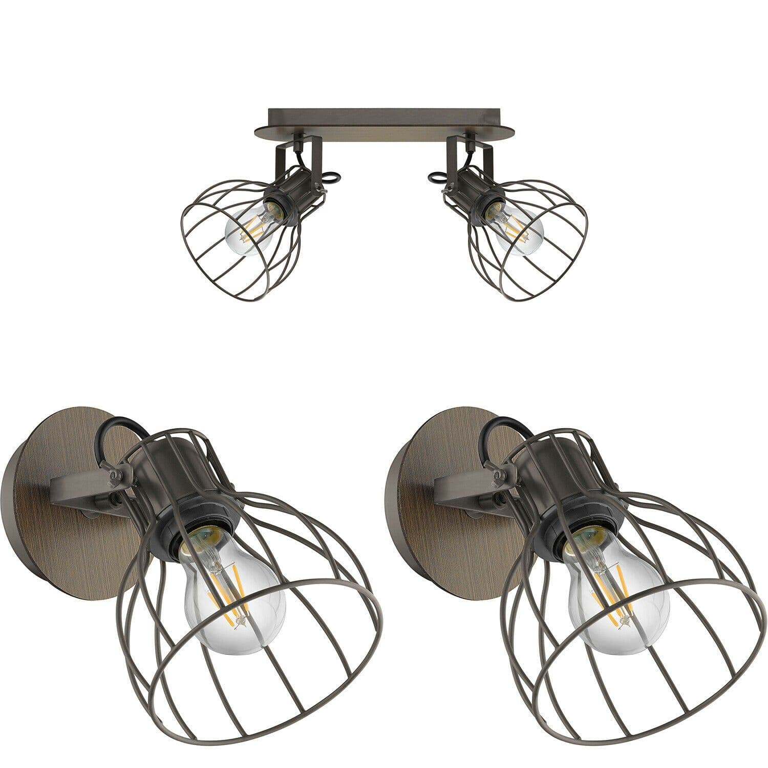 Twin Ceiling Spot Light & 2x Matching Wall Lights Industrial Wire Shade