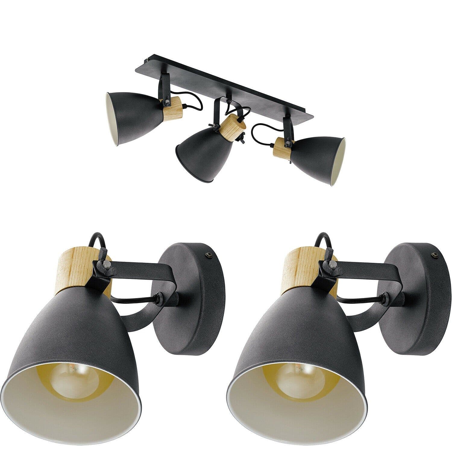 Ceiling Spot Light & 2x Matching Wall Lights & Wood Adjustable Shade