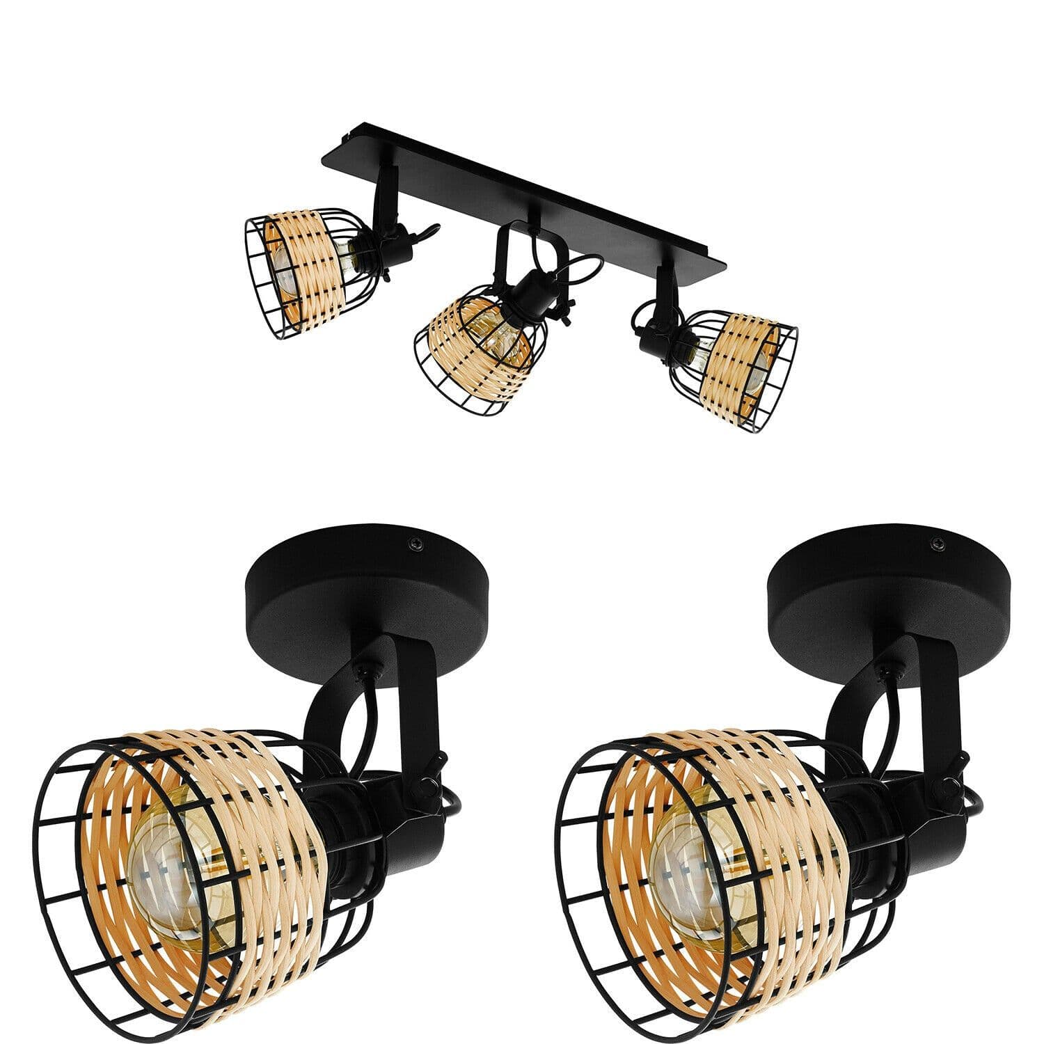 Ceiling Spot Light & 2x Matching Wall Lights & Wicker Adjustable Shade
