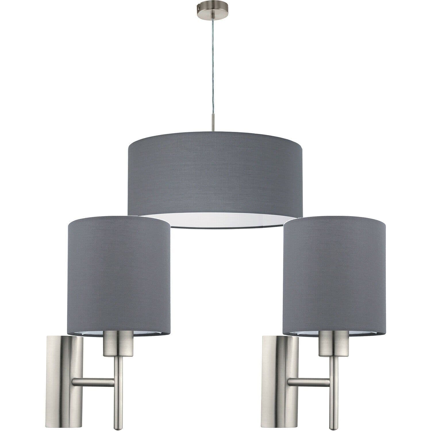 Ceiling Pendant Light & 2x Matching Wall Lights Satin Nickel Grey Fabric Shade
