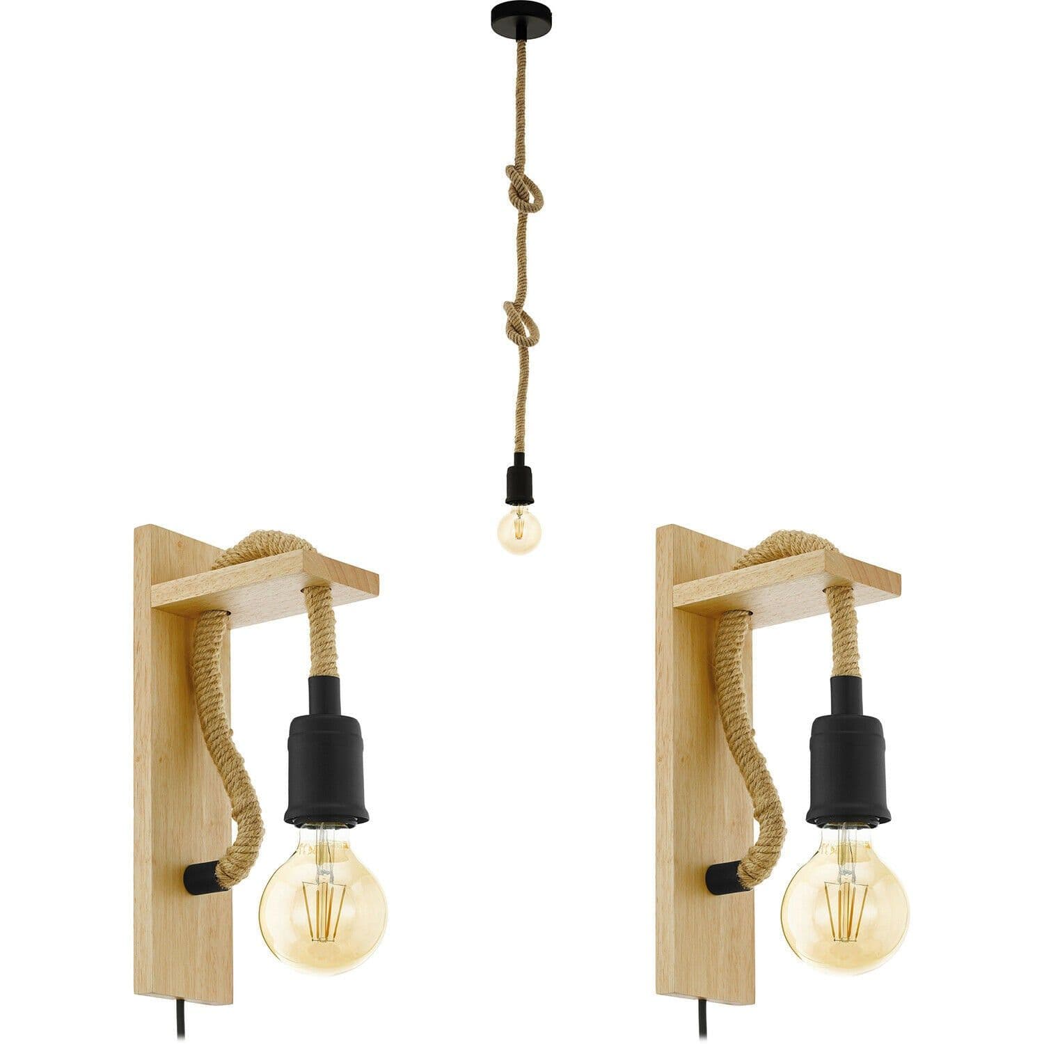Ceiling Pendant Light & 2x Matching Wall Lights & Knot Rope Trendy Lamp
