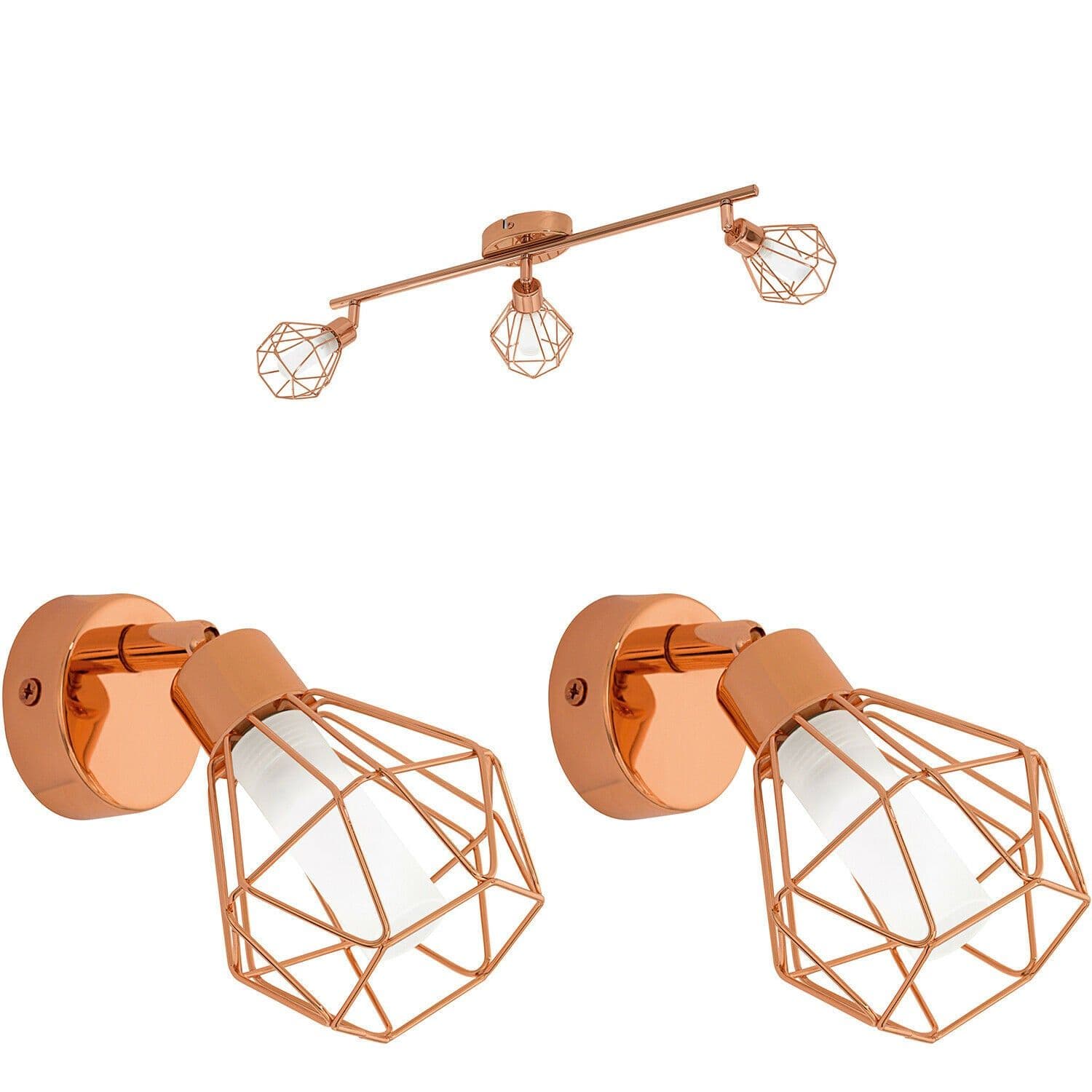 Ceiling Spot Light & 2x Matching Wall Lights Geometric Wire Cage Shade