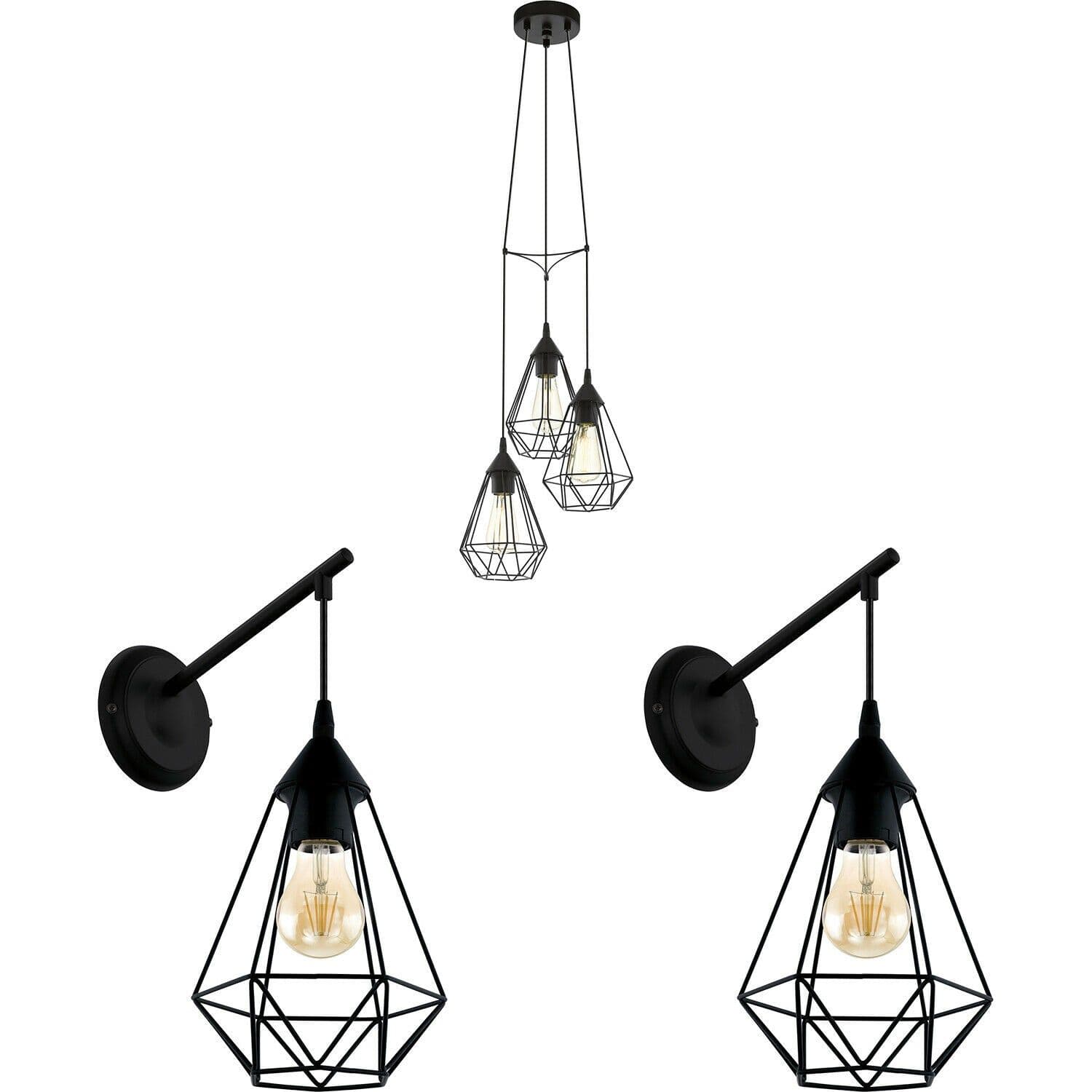 Ceiling Pendant Light & 2x Matching Wall Lights Wire Cage Hanging Lamp