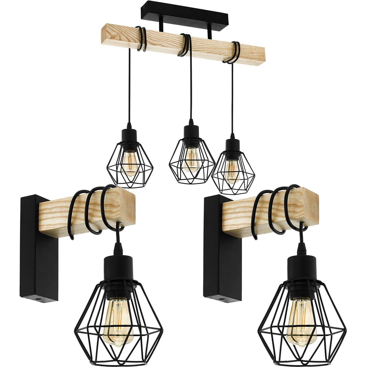 Ceiling Spot Light & 2x Matching Wall Lights Wire Cage & Wood Trendy Lamp