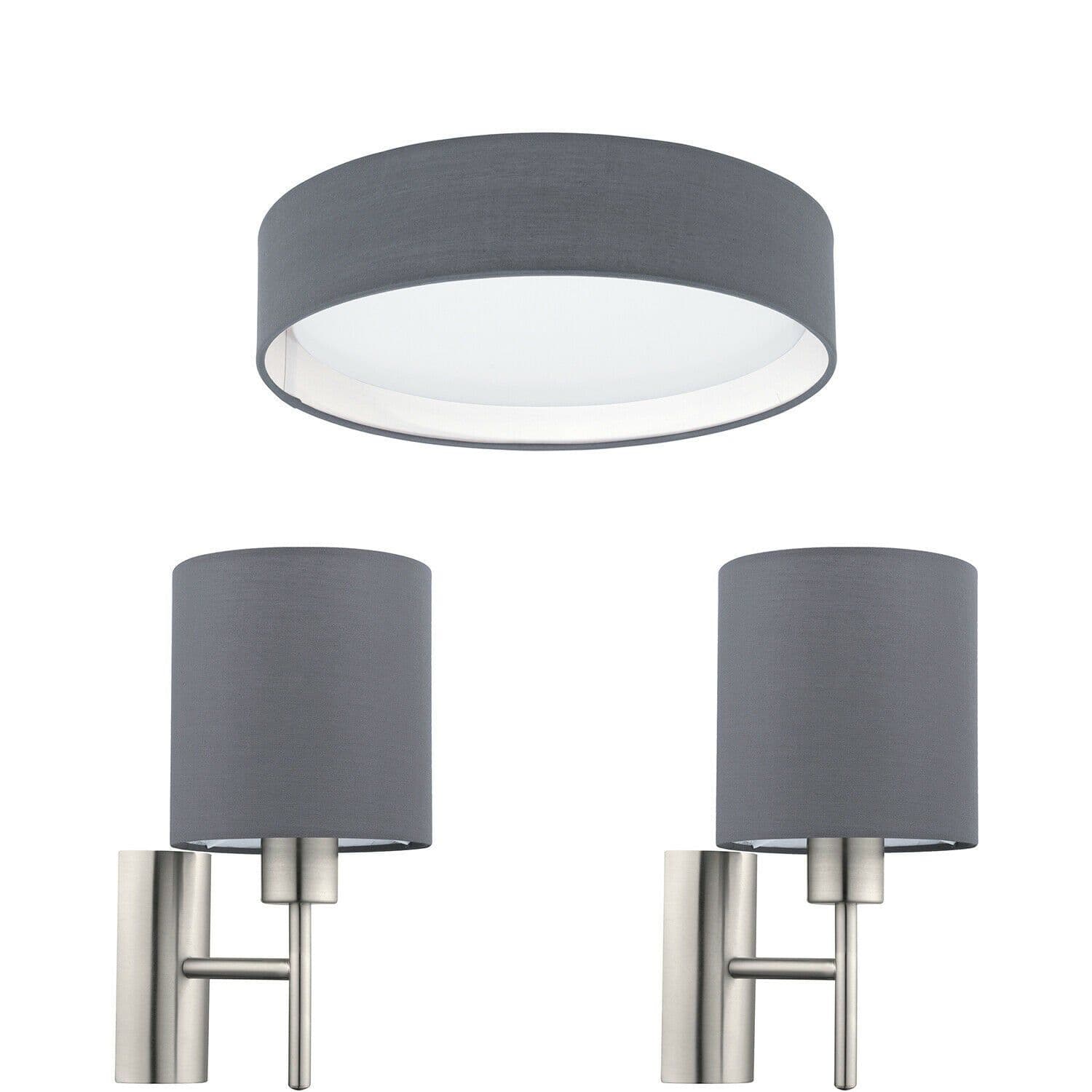 Low Ceiling Light & 2x Matching Wall Lights Grey Fabric Round Shade Lamp