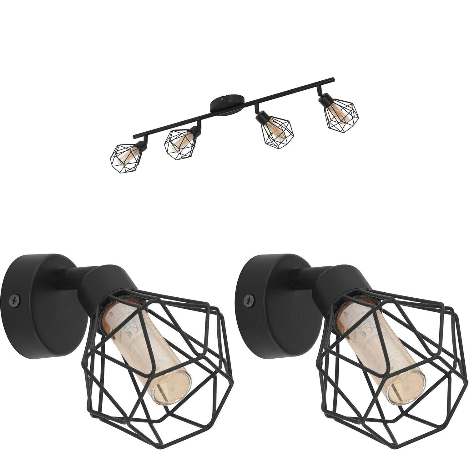 Quad Ceiling Light & 2x Matching Wall Lights Cage Amber Glass Trendy Lamp