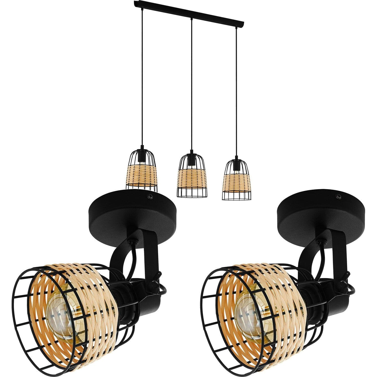 Ceiling Spot Light & 2x Matching Wall Lights Wire & Wicker Wood Shade