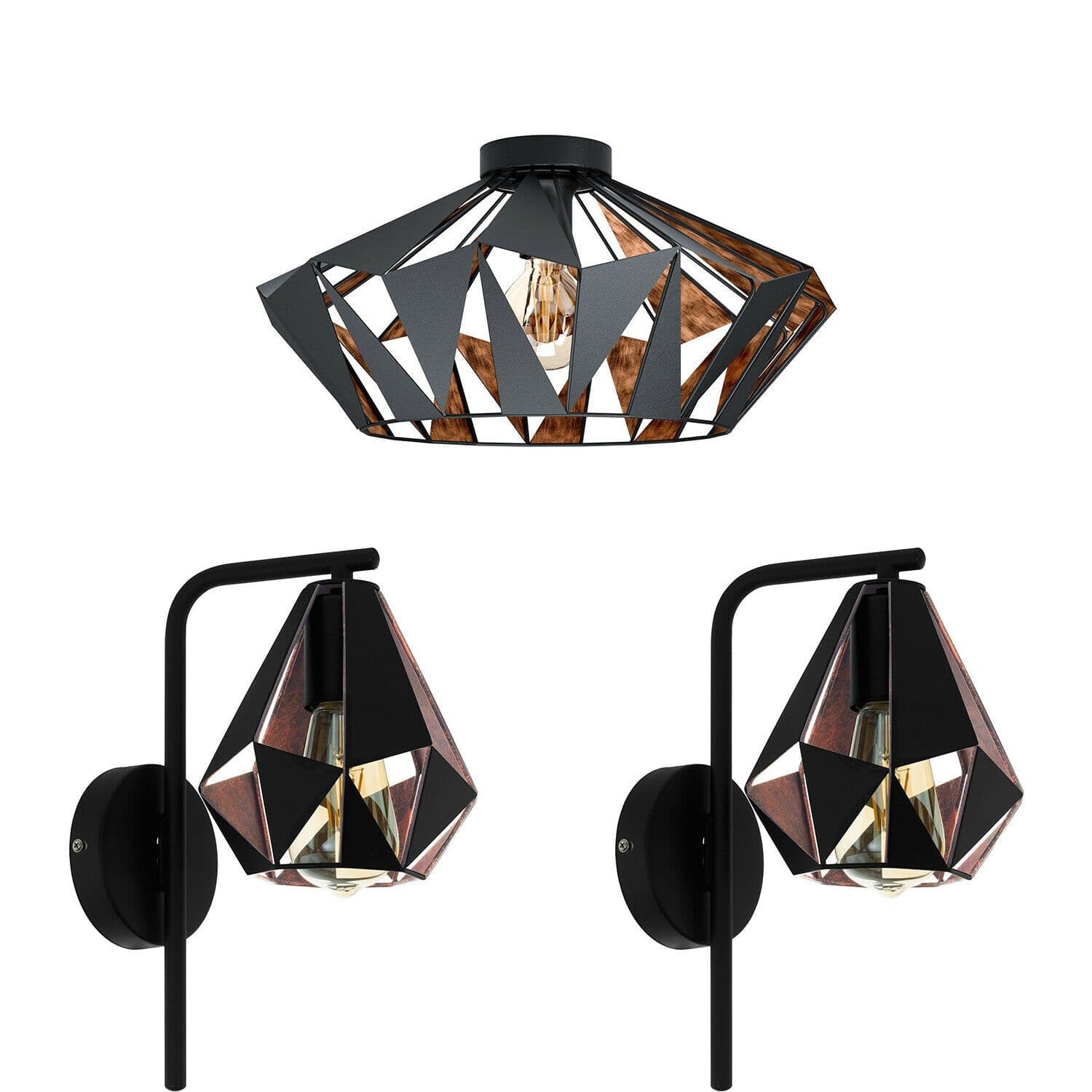 Low Ceiling Light & 2x Matching Wall Lights & Copper Geometric Shade