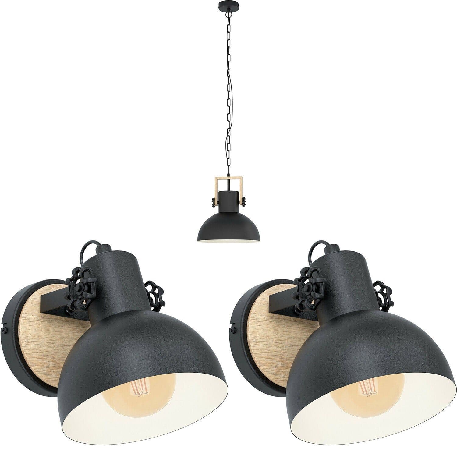 Ceiling Pendant Light & 2x Matching Wall Lights & Wood Industrial Shade