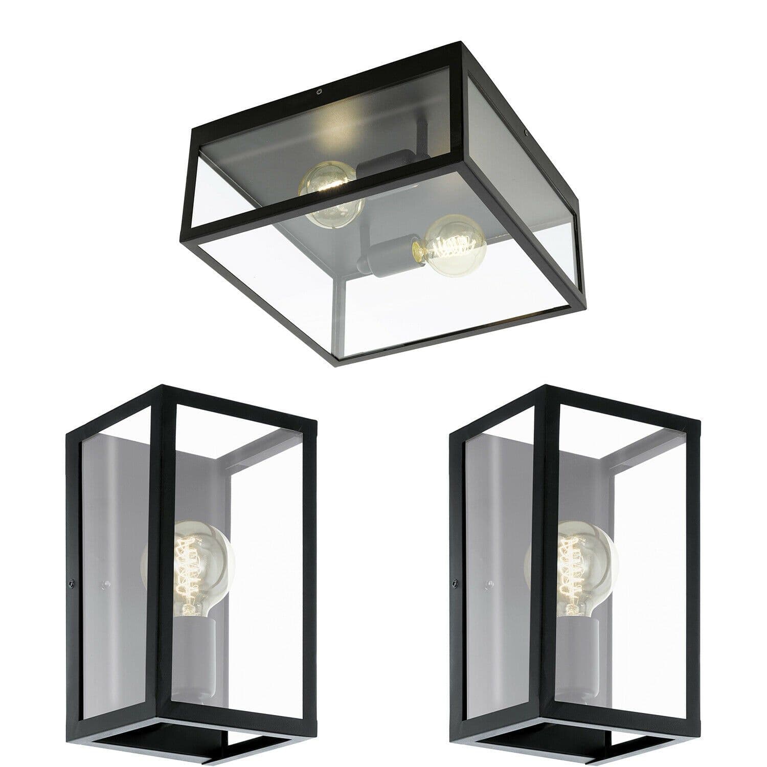 Low Ceiling Light & 2x Matching Wall Lights & Clear Glass Modern Box Lamp