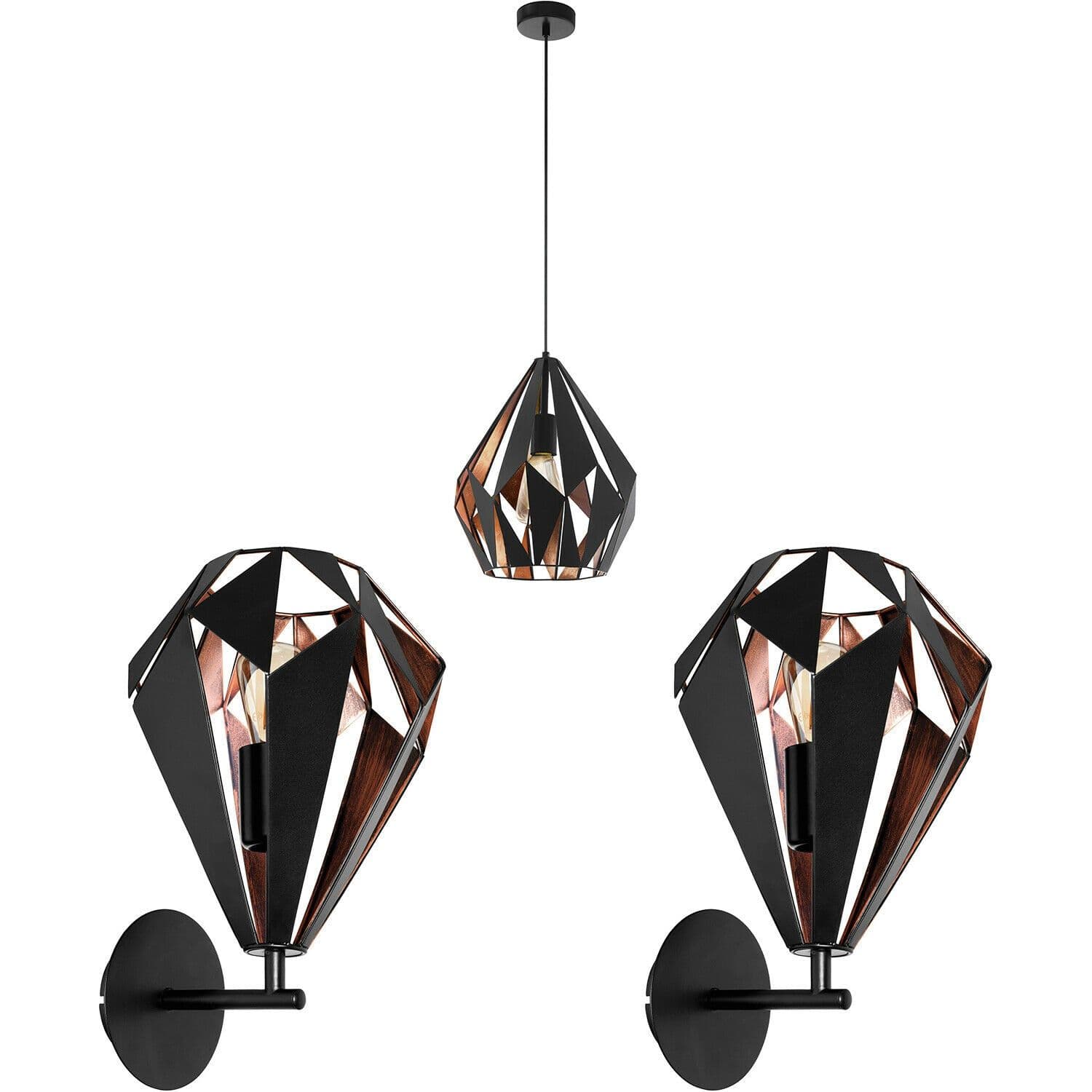Ceiling Pendant Light & 2x Matching Wall Lights & Copper Shard Geometric