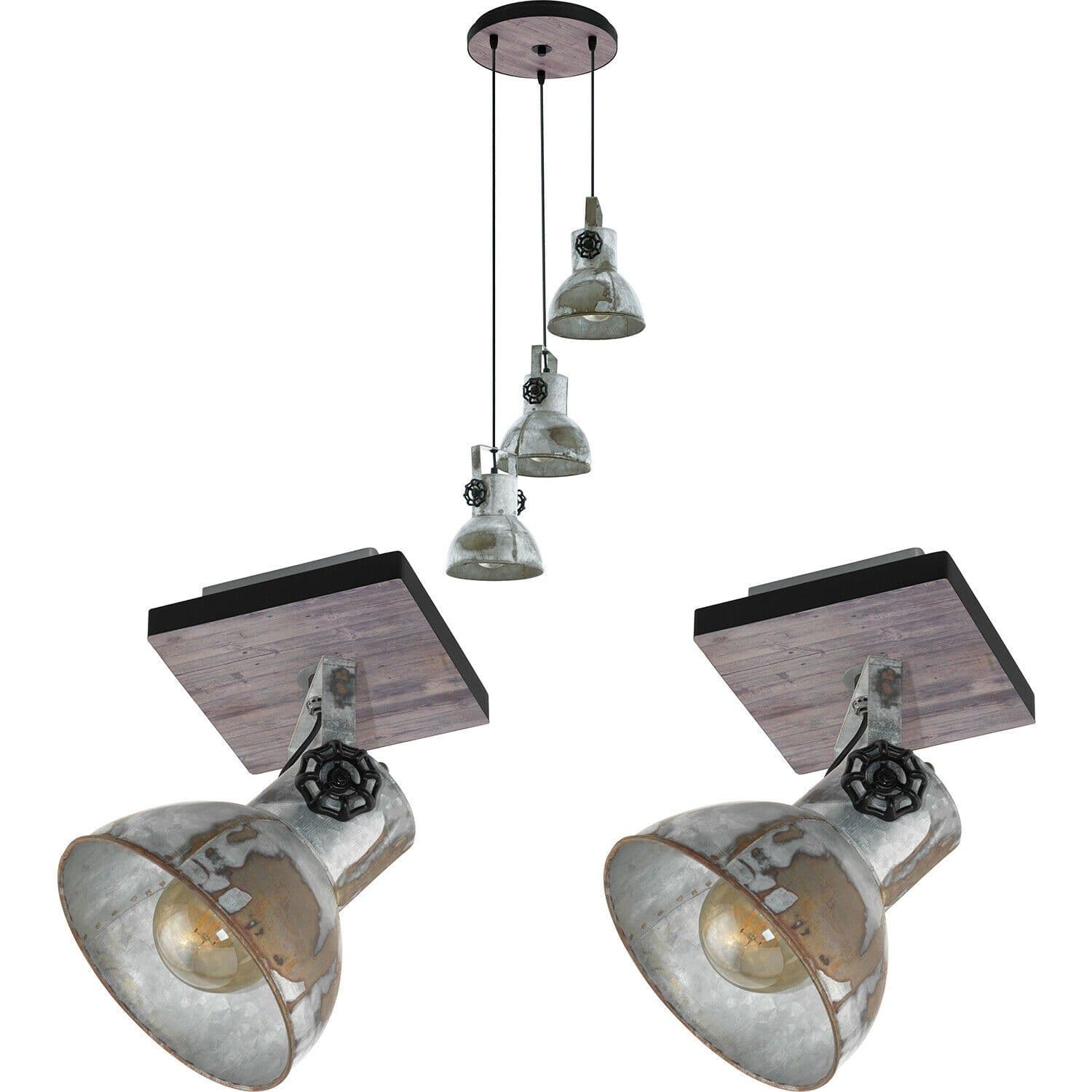 Ceiling Pendant & 2x Matching Wall Lights Industrial Raw Steel Lamp Set