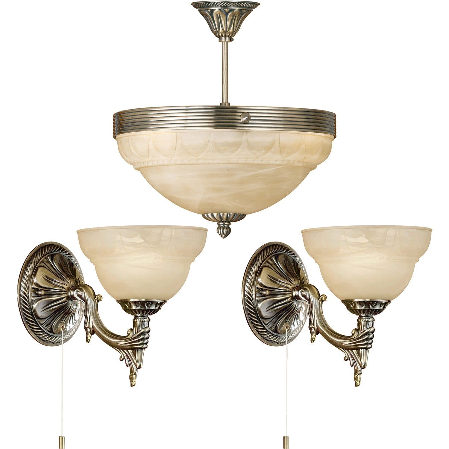 Ceiling Pendant & 2x Matching Wall Lights Alabaster Glass Vintage Lamp