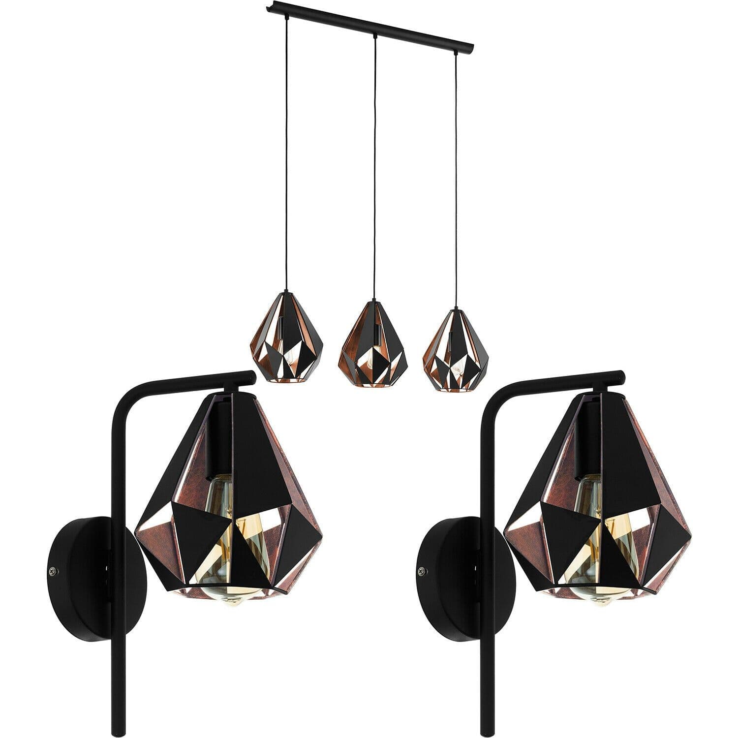 3 Bulb Ceiling Pendant Light & 2x Matching Wall Lights & Copper Geometric