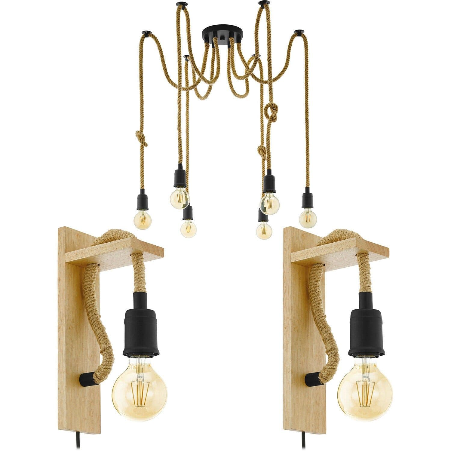 Multi Bulb Ceiling Pendant Light & 2x Matching Wall Lights & Rope Trendy