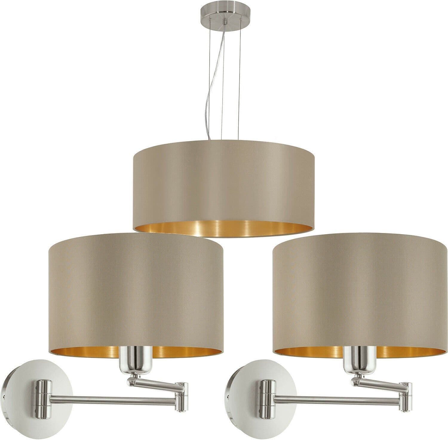 Ceiling Pendant Light & 2x Matching Wall Lights Gold Fabric Feature Lamp