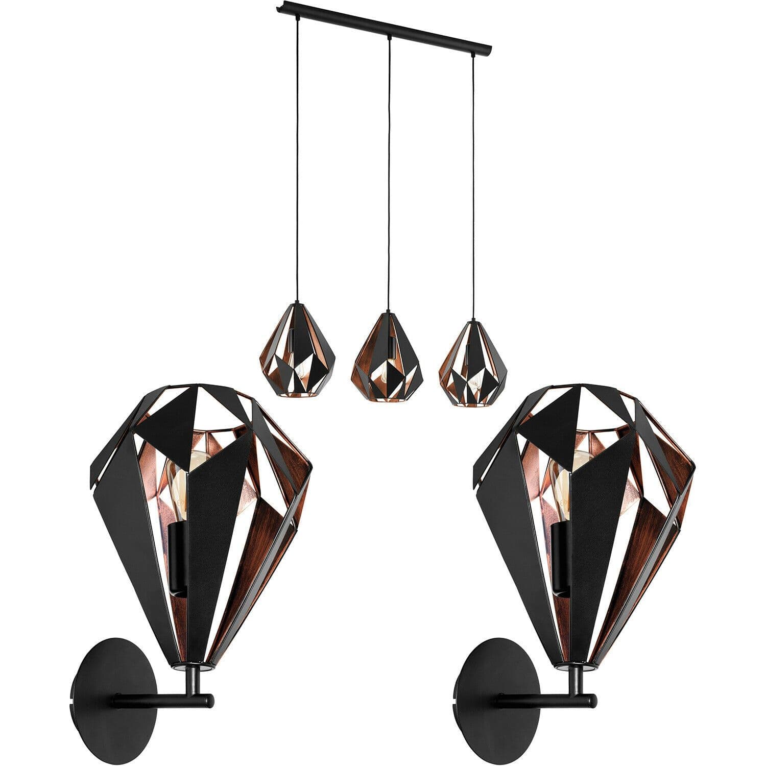 3 Bulb Ceiling Light & 2x Matching Wall Lights & Copper Geometric Shade