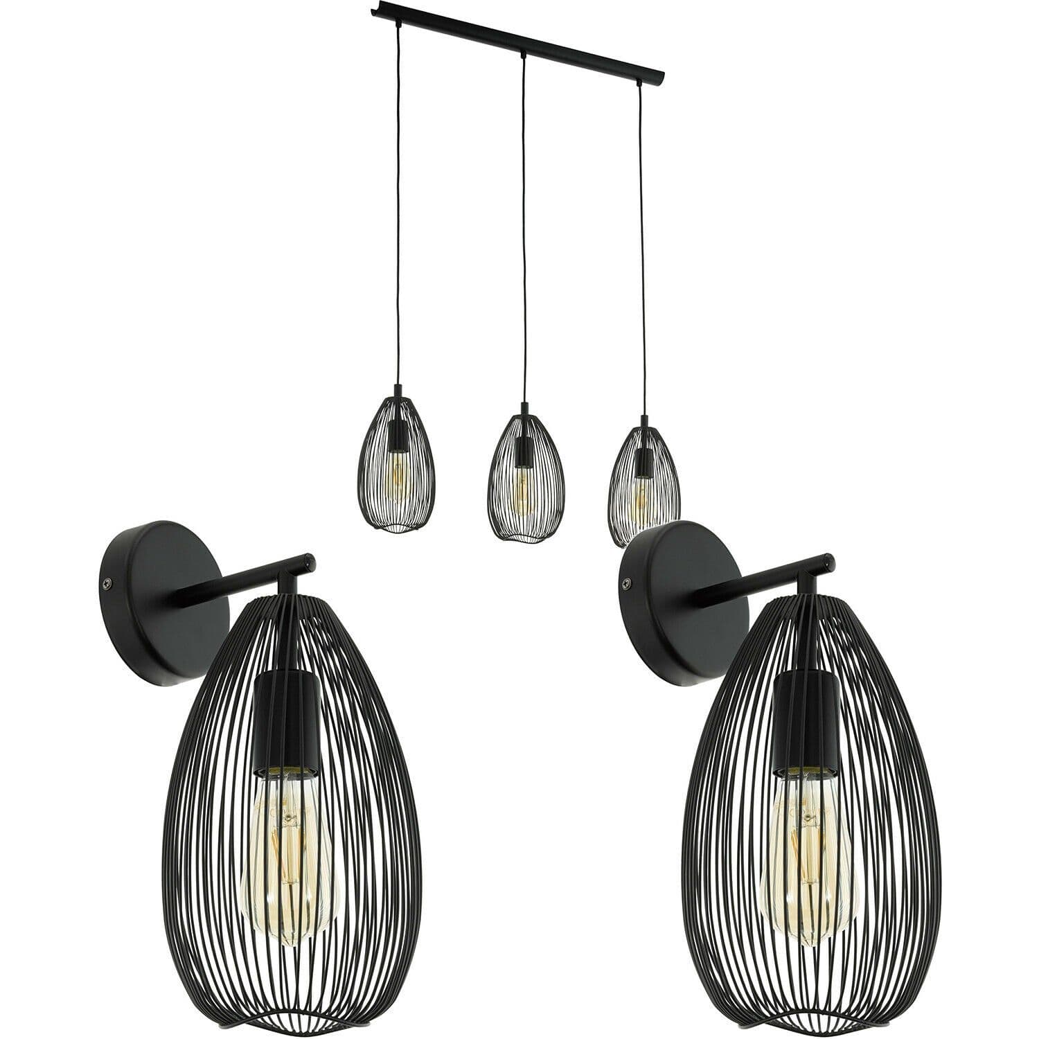 3 Bulb Ceiling Pendant & 2x Matching Wall Lights Wire Cage Shade Linear