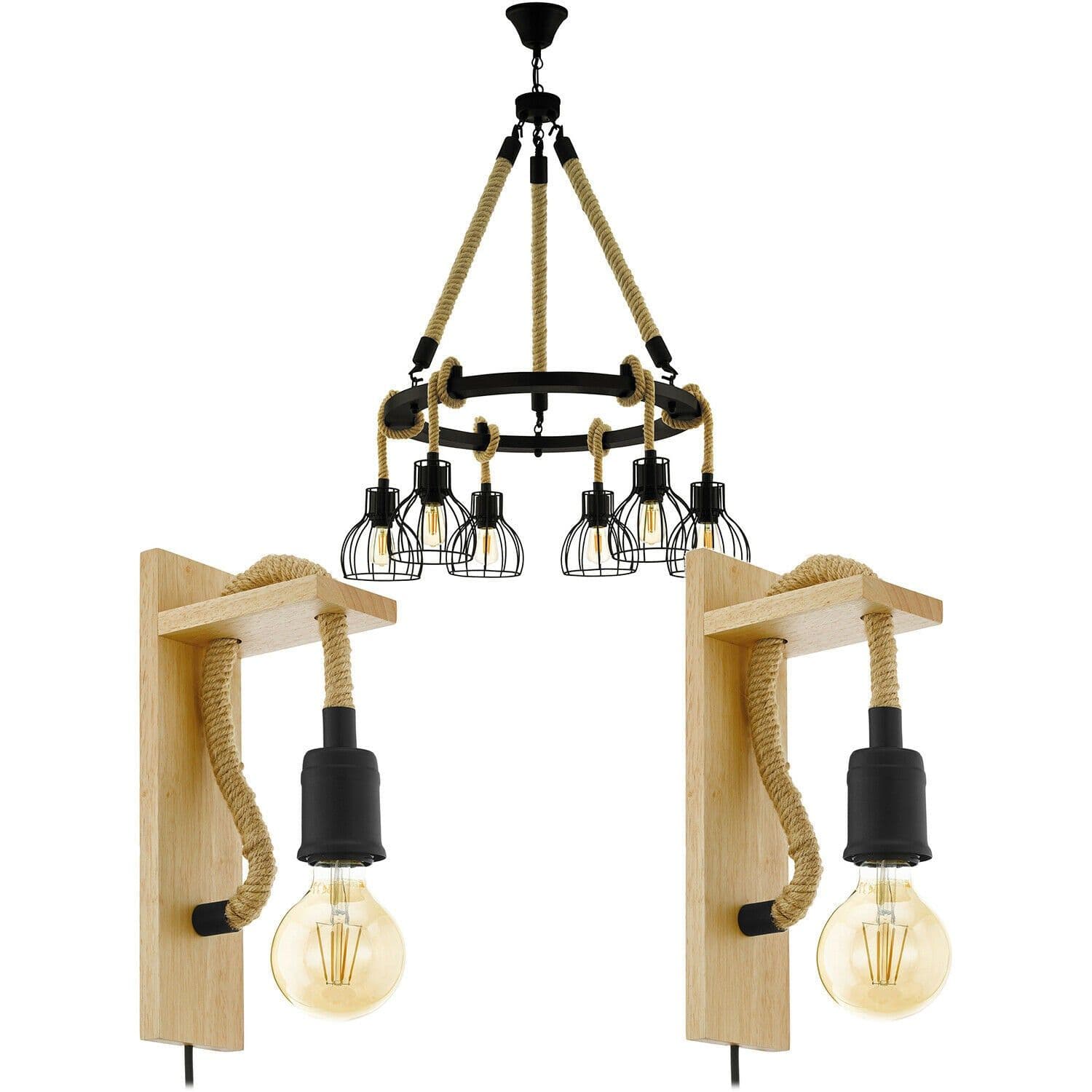 6 Bulb Ceiling Pendant & 2x Matching Wall Lights Rope Trendy Feature Lamp