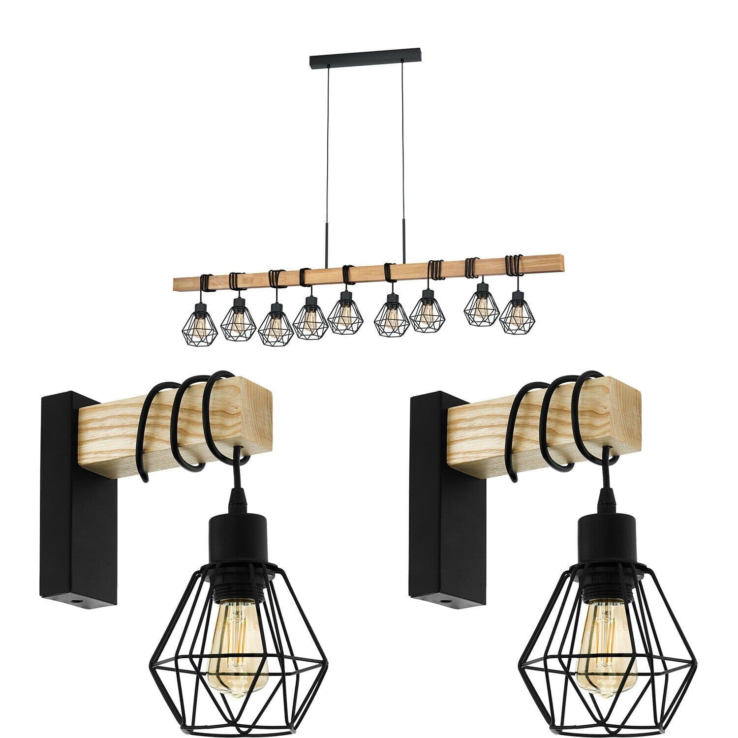 9 Bulb Ceiling Pendant & 2x Matching Wall Lights Cage & Wood Trendy Lamp
