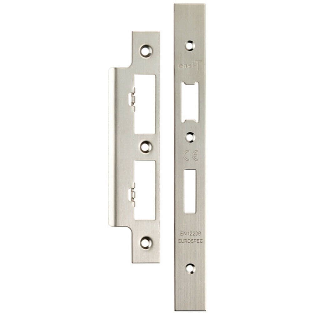 Forend Strike & Fixing Pack For DIN Euro Sash & Bathroom Lock Satin Steel