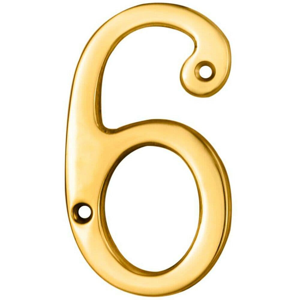 Polished Brass Door Number 6 9 75mm Height 4mm Depth House Numeral Plaque