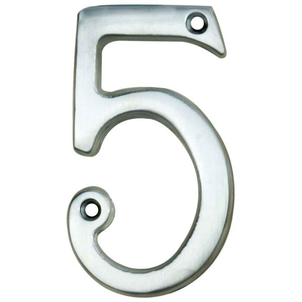 Satin Chrome Door Number 5 75mm Height 4mm Depth House Numeral Plaque
