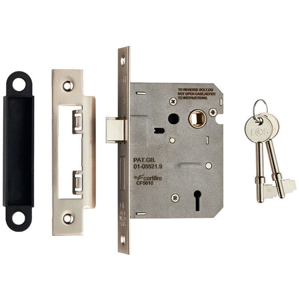 Locking 3 Lever Door Sashlock Latch Square Forend 76mm Satin Nickel