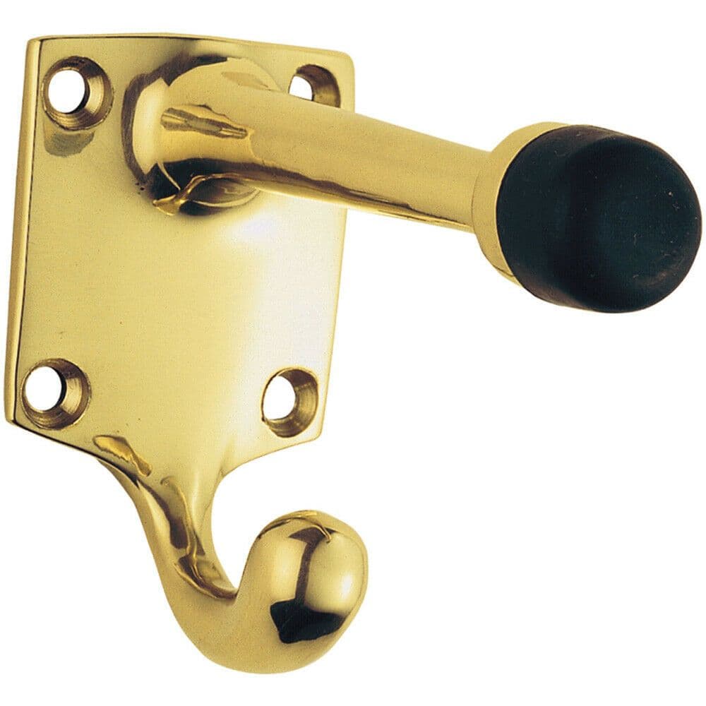 One Piece Hat & Coat Hook Rubber Buffer 88mm Projection Polished Brass