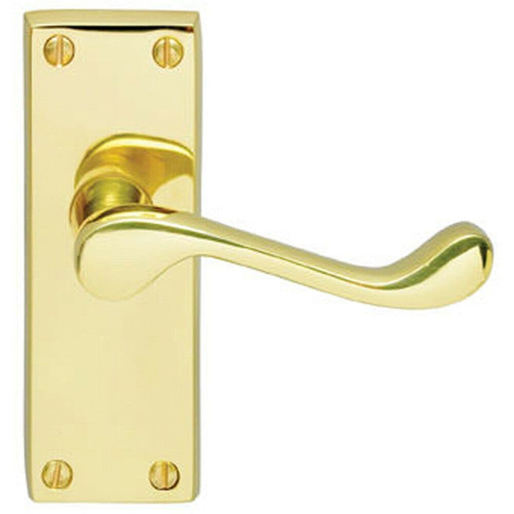 PAIR Victorian Scroll Handle on Latch Backplate 120 x 41mm Polished Brass