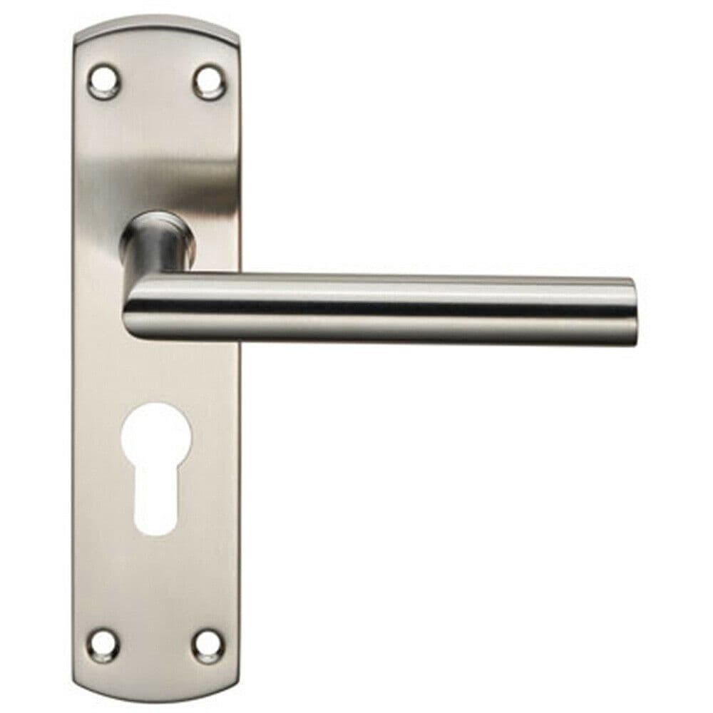Mitred Lever Door Handle on Euro Lock Backplate 172 x 44mm Satin Steel