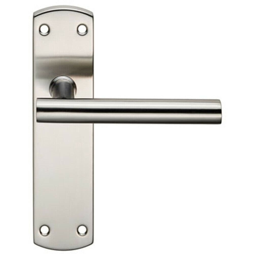 Mitred T Bar Lever Door Handle on Latch Backplate 172 x 44mm Satin Steel