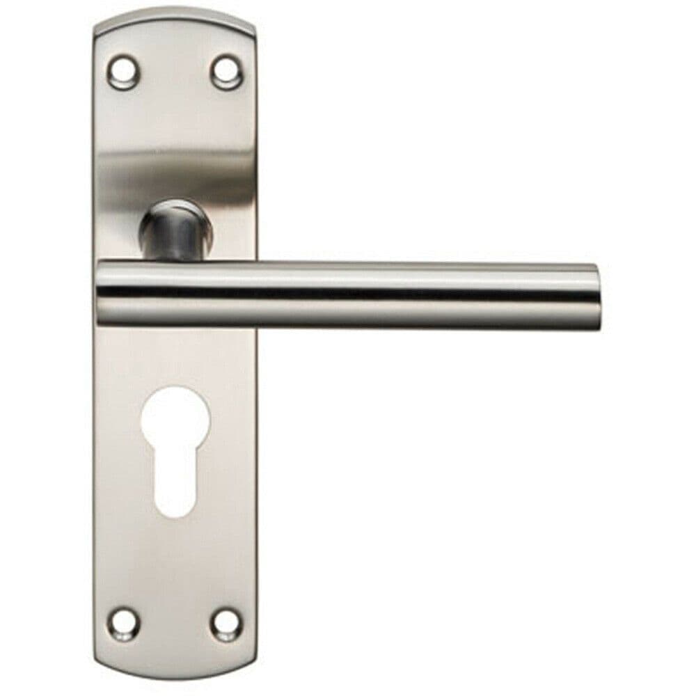 Mitred T Bar Lever Door Handle on Euro Lock Backplate 172 x 44mm Satin Steel