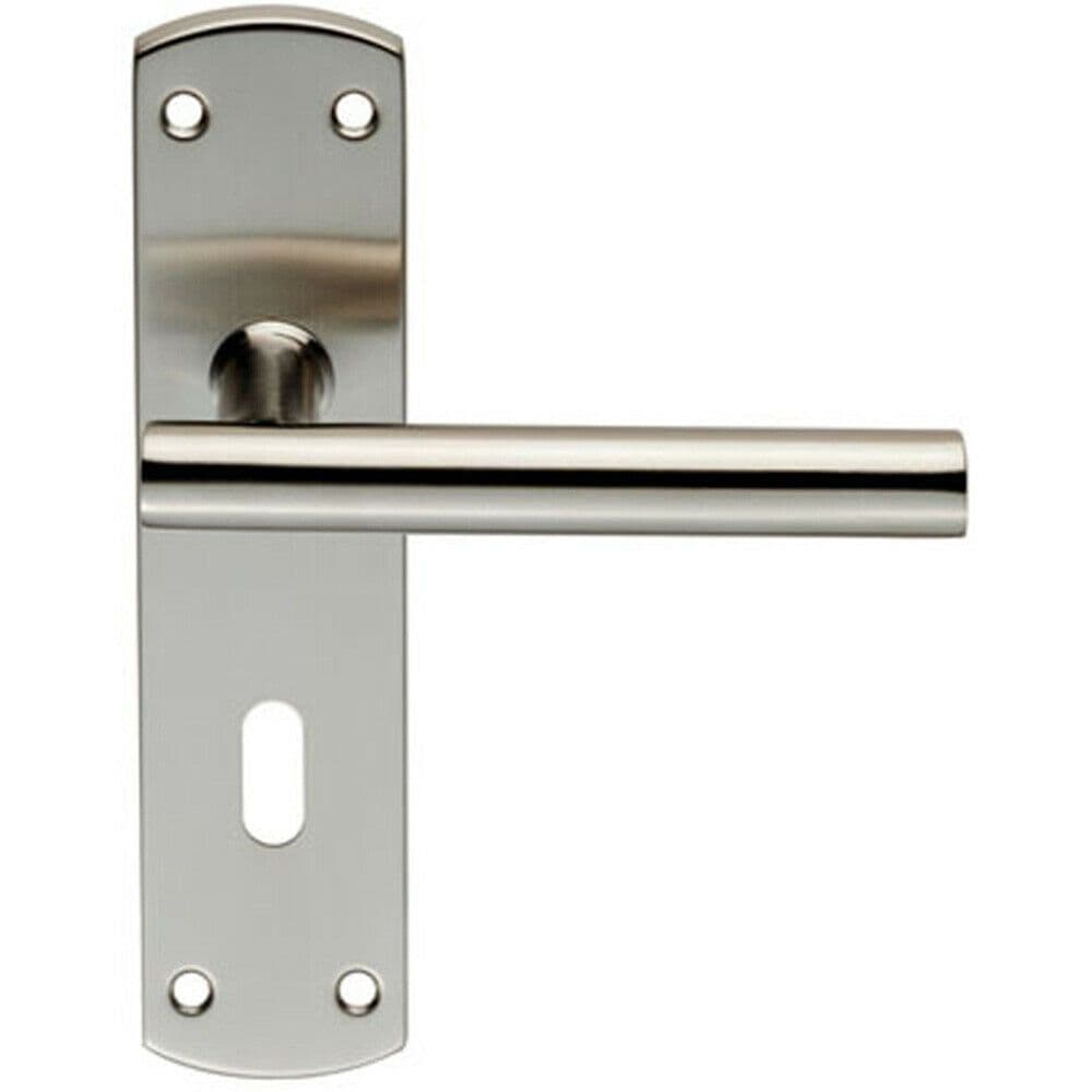 Mitred T Bar Lever Door Handle on Lock Backplate 172 x 44mm Satin Steel