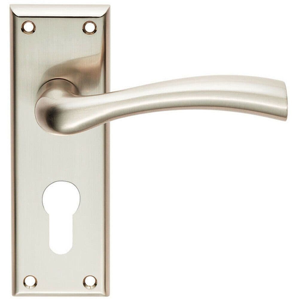 Chunky Curved Tapered Handle on Euro Lock Backplate 150 x 50mm Satin Nickel