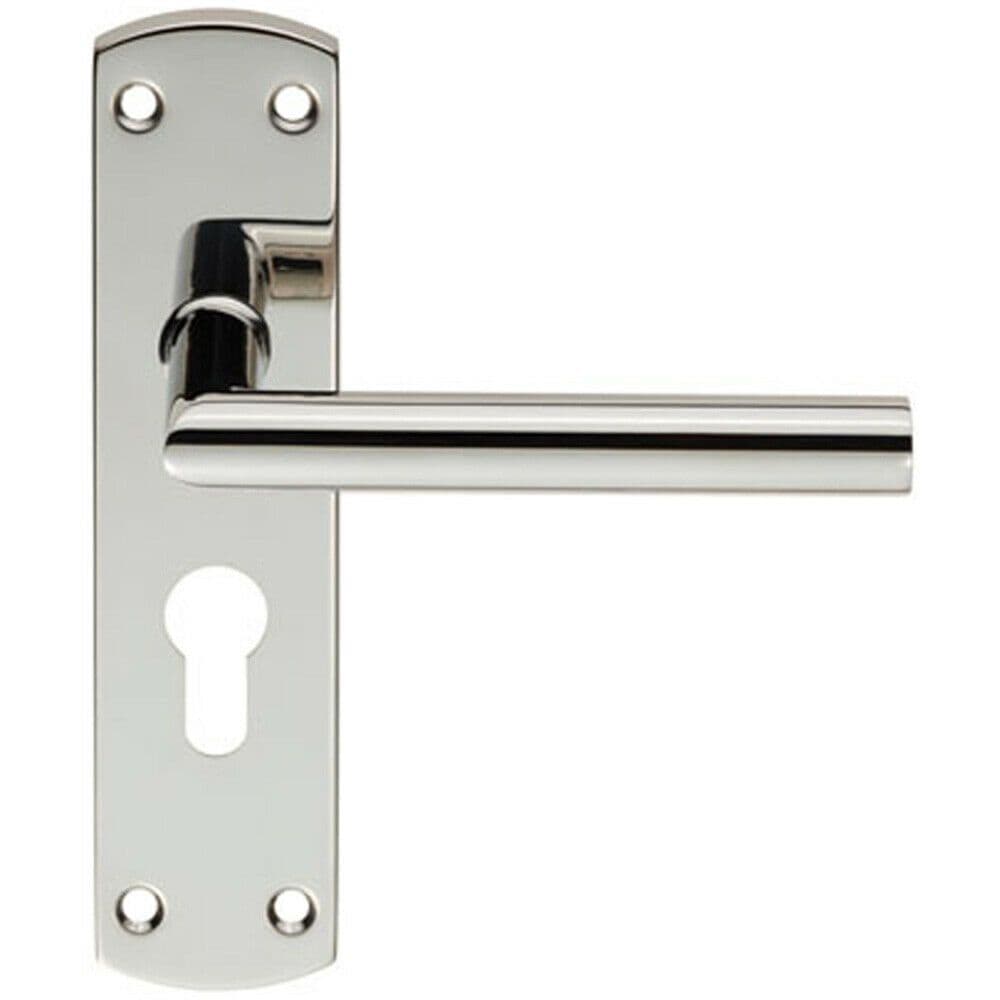 Mitred Lever Door Handle on Euro Lock Backplate 172 x 44mm Polished Steel