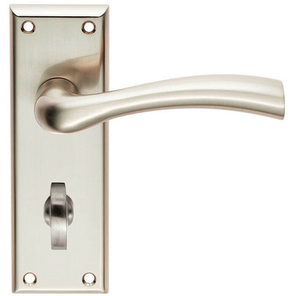 Chunky Curved Tapered Handle on Bathroom Backplate 150 x 50mm Satin Nickel