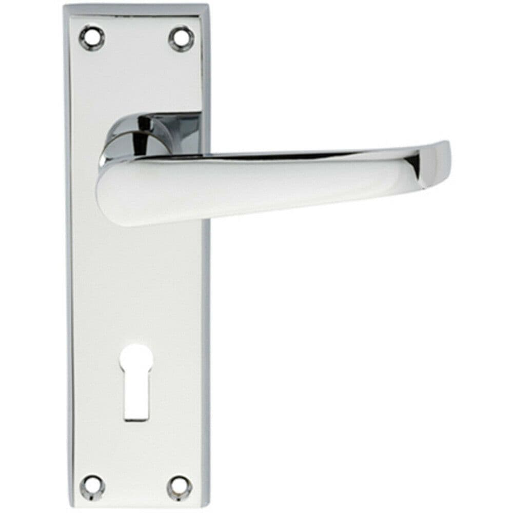 PAIR Straight Victorian Handle on Lock Backplate 150 x 43mm Polished Chrome
