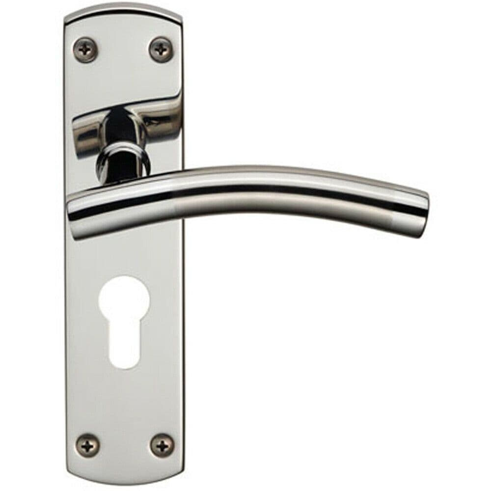 Curved Lever on Euro Lock Backplate Handle 172 x 44mm Polished & Satin Steel