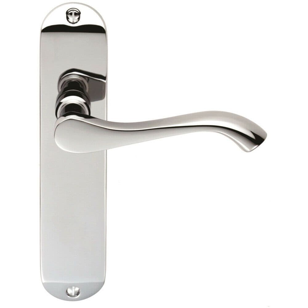 PAIR Scroll Lever Door Handle on Latch Backplate 180 x 40mm Polished Chrome