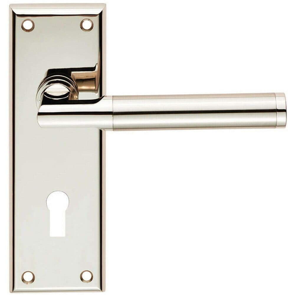 Round Bar Section Handle on Lock Backplate 150 x 50mm Polished Satin Nickel